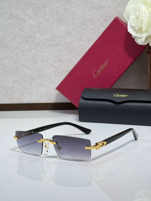 Cartier eyeglasses with light blue-tinted lenses, pale frames, and gold-tone details