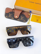 Louis Vuitton sunglasses set: dark blue and brown monogram frames plus small leather pouch