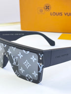 Louis Vuitton sunglasses top view with dark blue monogram pattern and black bridge