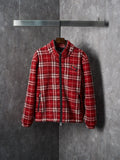 Red plaid zip-up jacket with stand collar and long sleeves