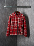 Red plaid zip-up jacket with stand collar and long sleeves