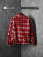 Red plaid jacket, full back view, stand collar, long sleeves