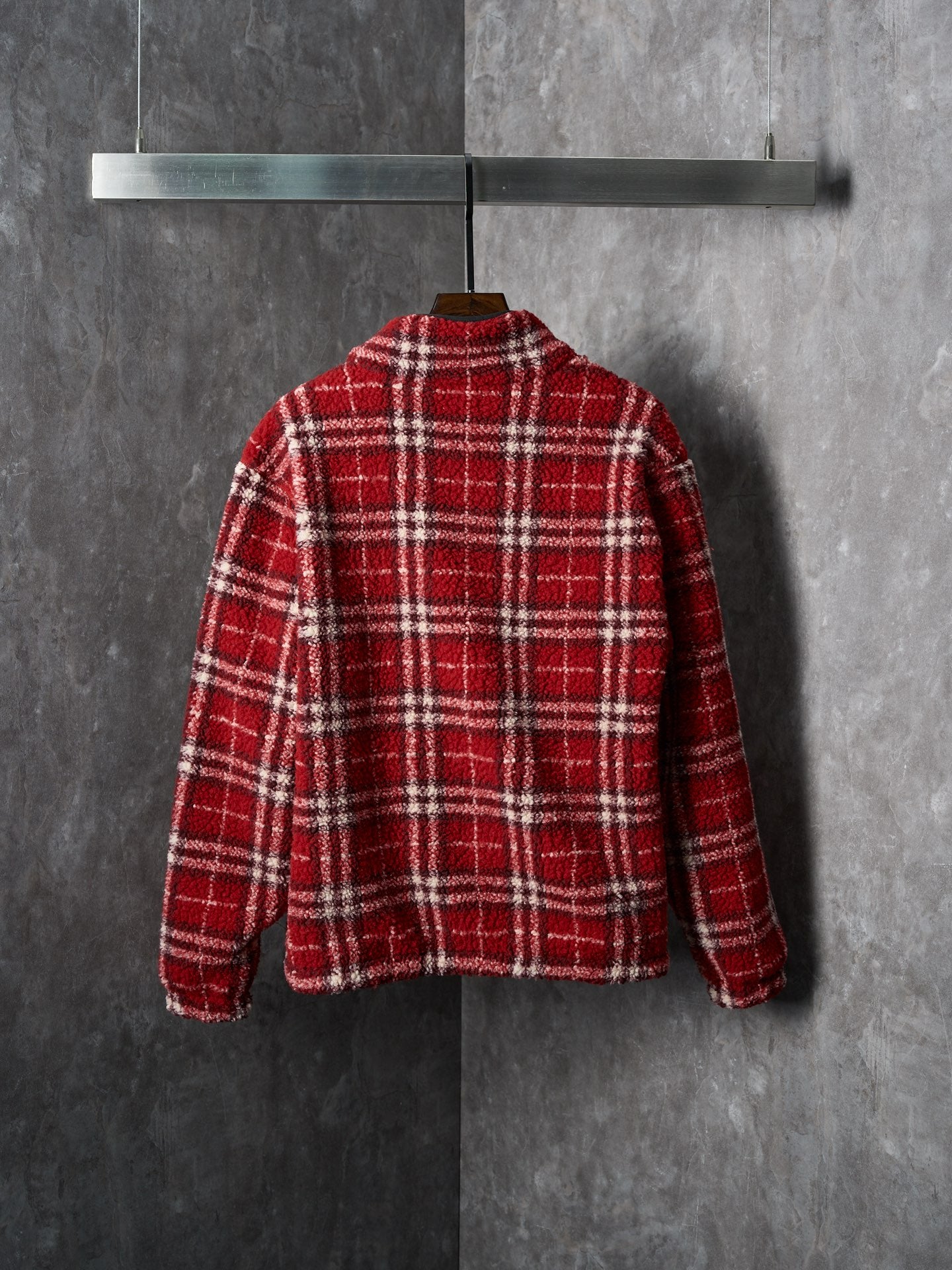 Red plaid jacket, full back view, stand collar, long sleeves