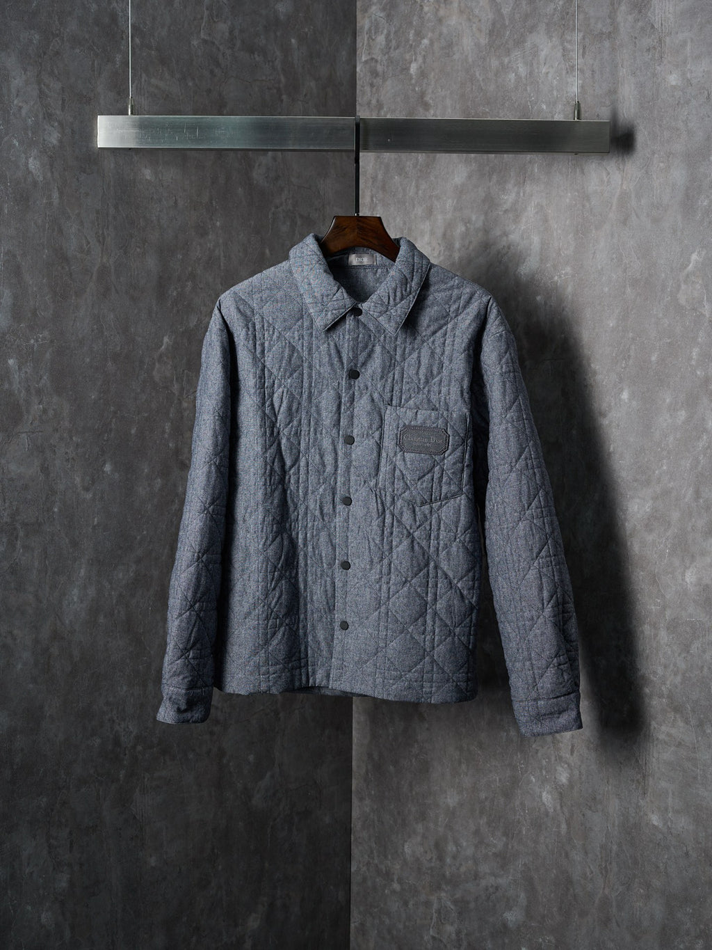 Long quilted Dior button-up jacket, blue-gray with chest pocket and collar