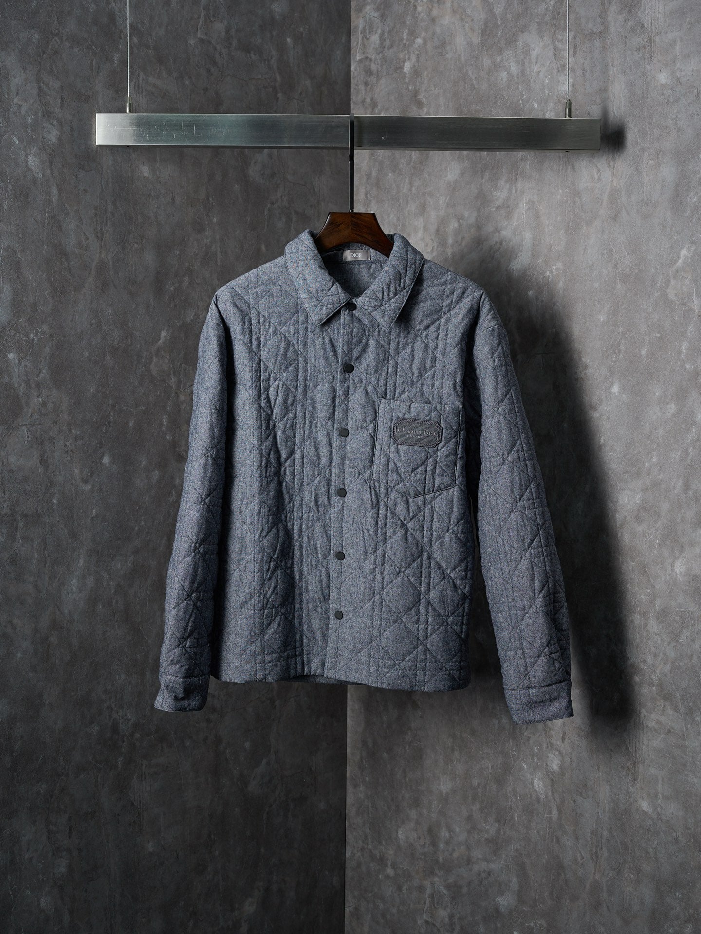Long quilted Dior button-up jacket, blue-gray with chest pocket and collar