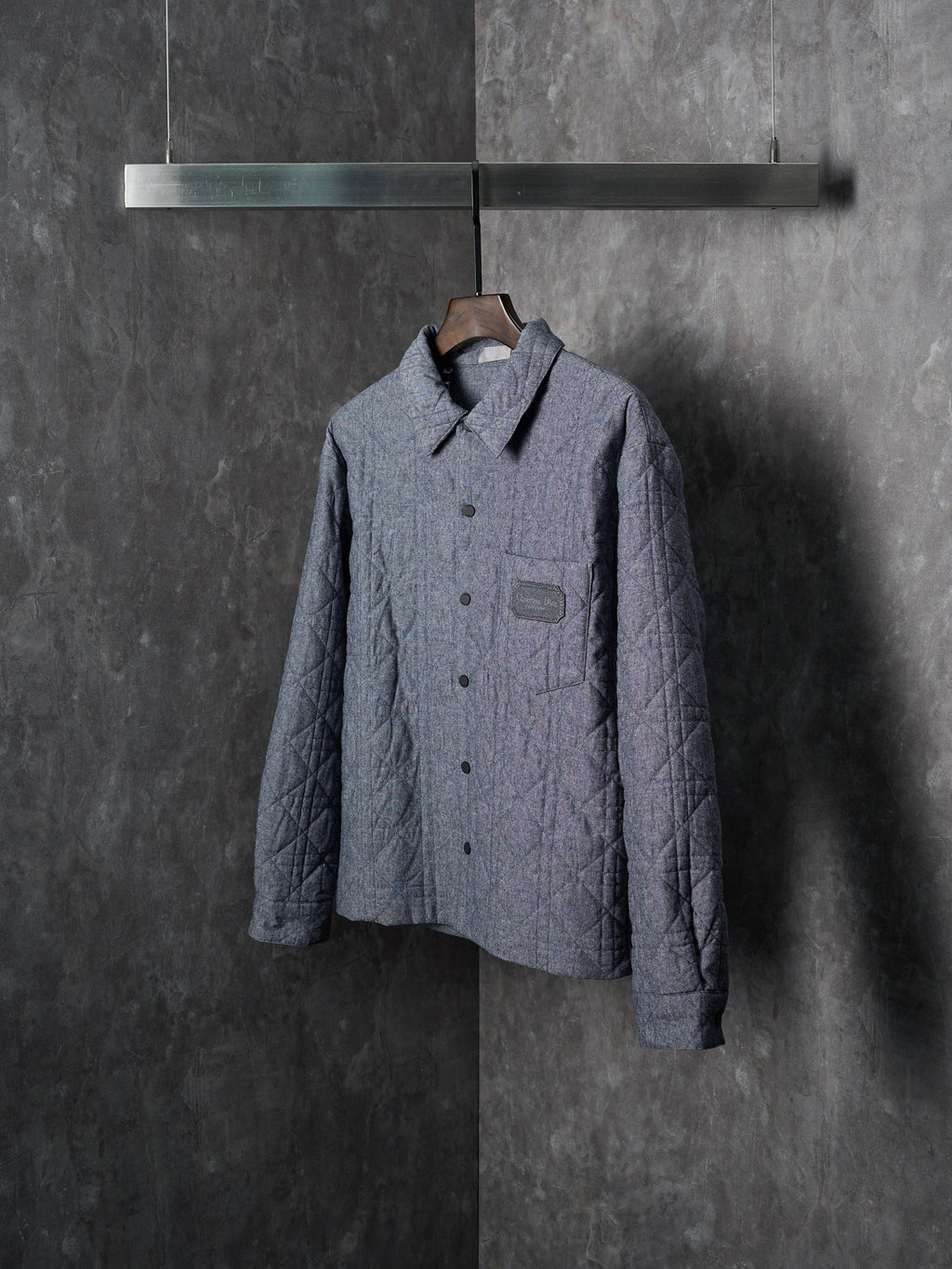 Long quilted Dior button-up jacket, blue-gray, chest pocket, front view