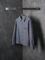 Long quilted Dior button-up jacket, blue-gray, chest pocket, front view