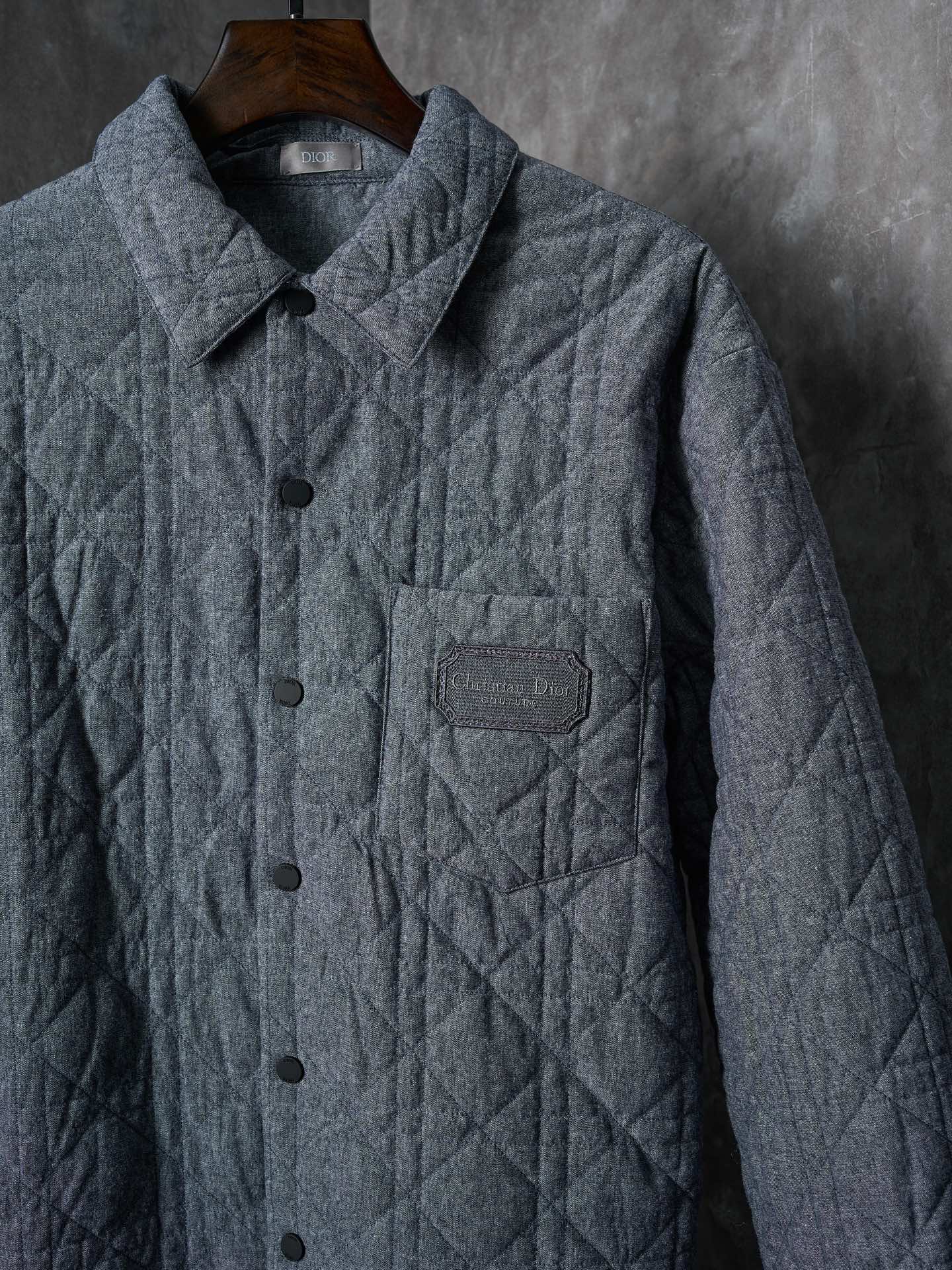 Dior long quilted jacket, blue-gray with chest pocket and button front