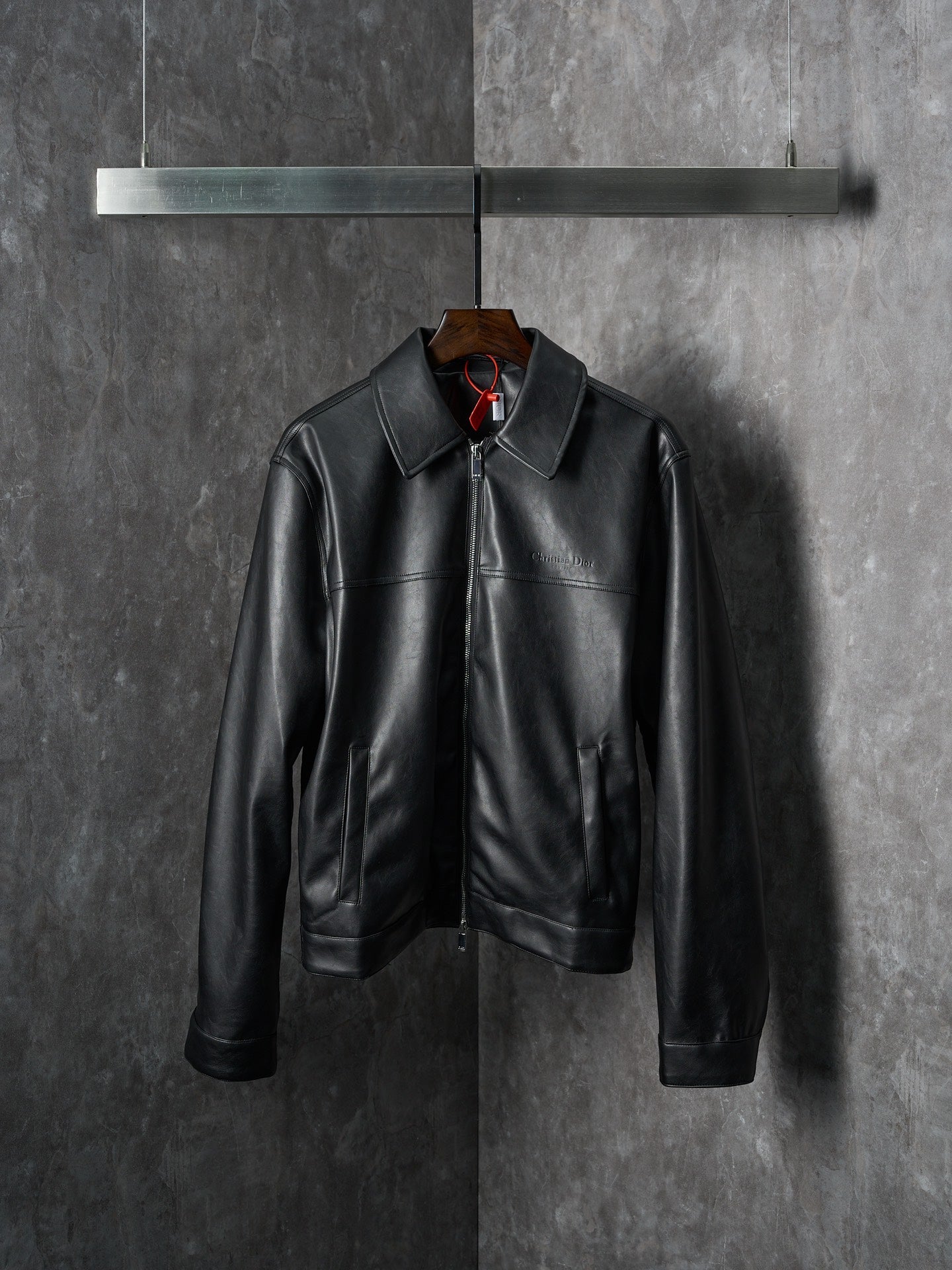 Dior black leather jacket with stand collar and front zipper closure