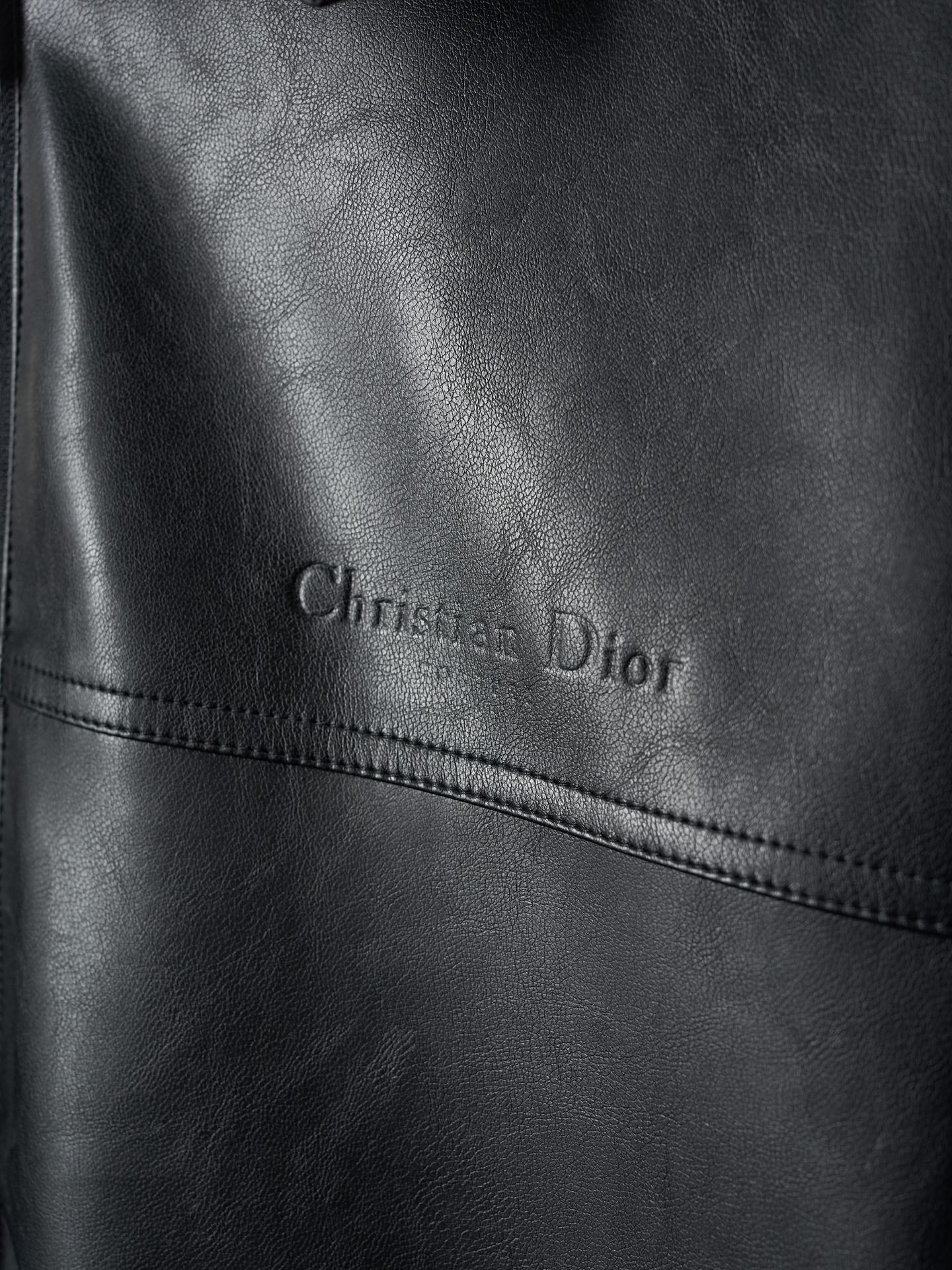 Dior black leather jacket logo detail on chest panel
