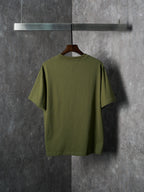Olive green short-sleeve T-shirt on hanger, back view