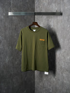 Olive green short-sleeve T-shirt with chest pocket and small logo label