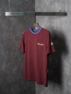 Burgundy short-sleeve T-shirt with crew neck stripes and chest logo embroidery