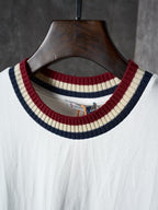 White Moncler T-shirt close-up of striped ribbed crew neckline