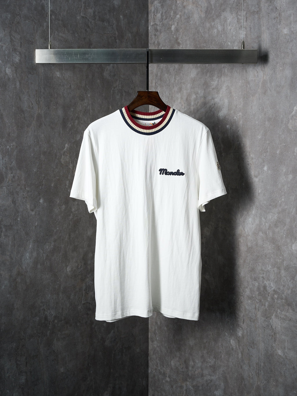 White Moncler T-shirt with ribbed striped collar and small chest logo