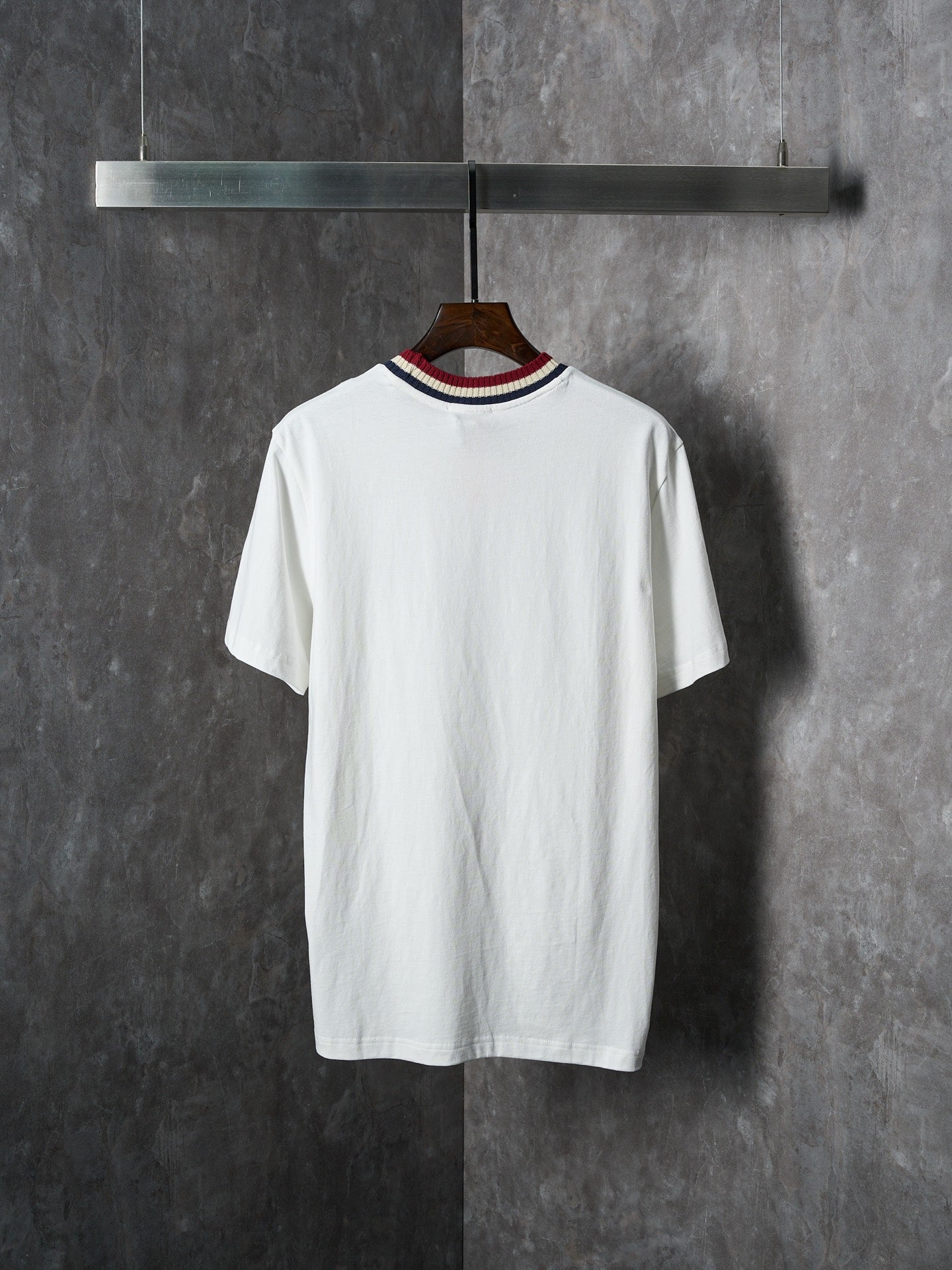 White Moncler T-shirt with striped ribbed collar, front view