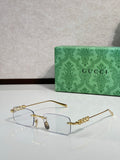 Gucci rectangular eyeglasses with clear lenses, gold-tone frame, and beaded temple detail