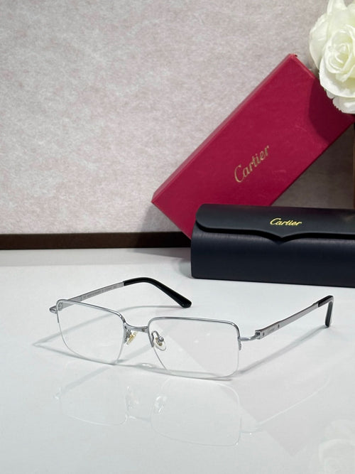 Cartier eyeglasses with clear rectangular lenses and black temple arms, gold-tone frame