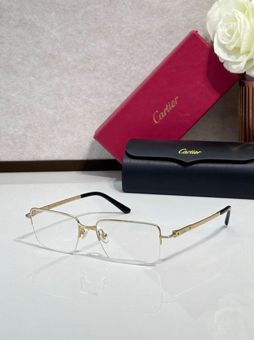 Cartier eyeglasses with clear rectangular lenses and black temple arms
