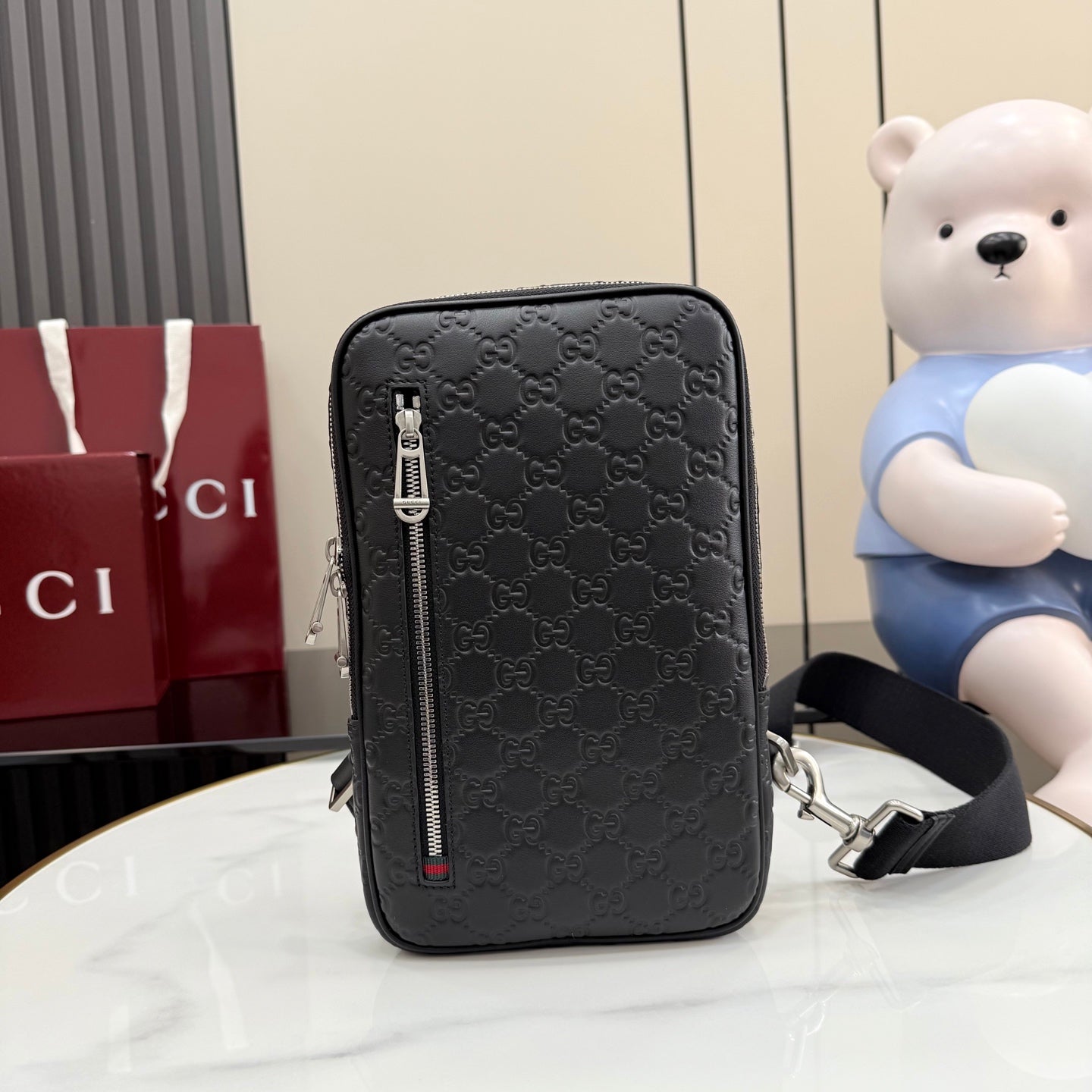 Gucci monogram crossbody bag with front zip, dark gray/black
