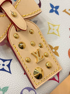 Decorative charm and brass studs on multicolor monogram hobo bag leather tab