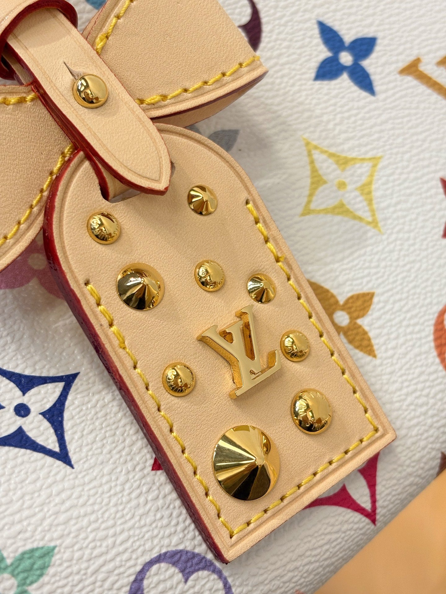 Decorative charm and brass studs on multicolor monogram hobo bag leather tab