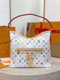 Louis Vuitton hobo bag with multicolor monogram, red handles and top zip front