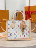 Multicolor monogram handbag with top handles and gold-tone hardware