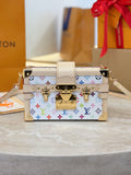 Louis Vuitton mini bag with multicolor Monogram print, beige trim, gold hardware, shoulder strap
