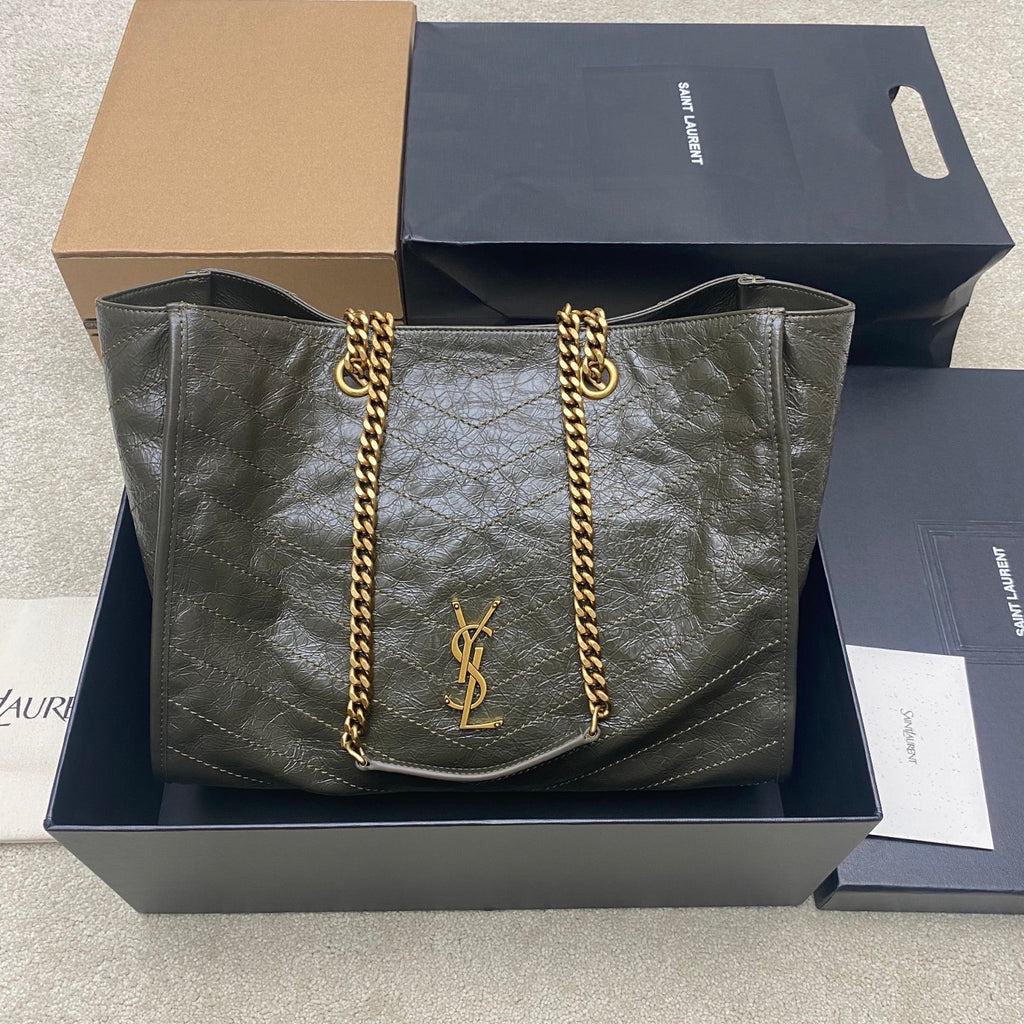 YSL tote bag in dark green pebbled leather with gold chain double handles