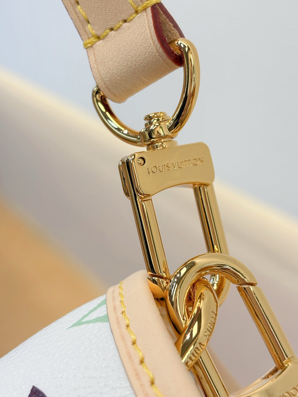 Louis Vuitton bag hardware detail with gold-tone clasp and loop attachment