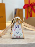 Louis Vuitton crossbody bag top view with gold-tone D-ring hardware and multicolor monogram print