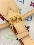 Louis Vuitton bag strap detail with gold buckle and multicolor monogram pattern