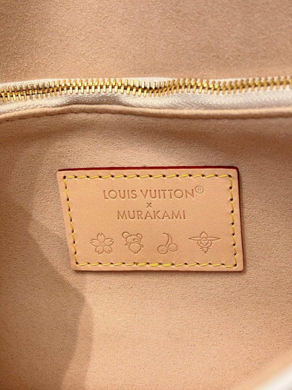 Louis Vuitton Murakami leather patch label inside with gold-tone stitching