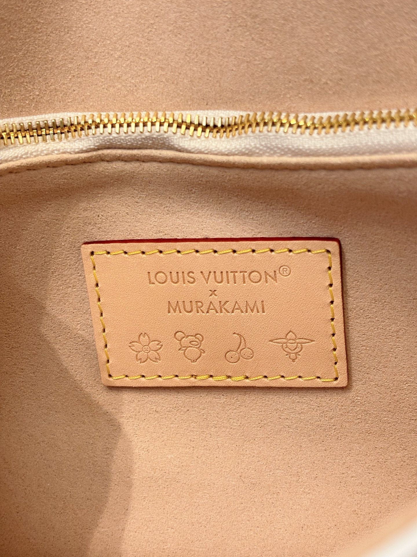 Louis Vuitton Murakami leather patch label inside with gold-tone stitching
