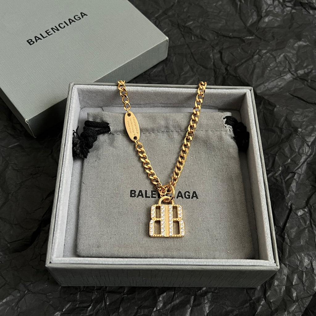 Balenciaga accessory gold chain necklace with square B logo pendant