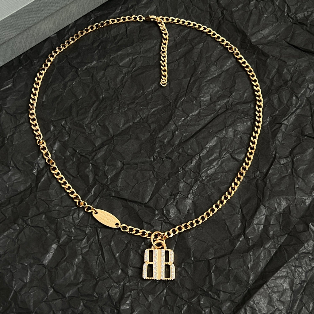 Balenciaga accessory gold chain necklace with B logo letter pendant
