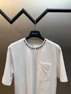 White short-sleeve T-shirt with black BALENCIAGA collar graphic