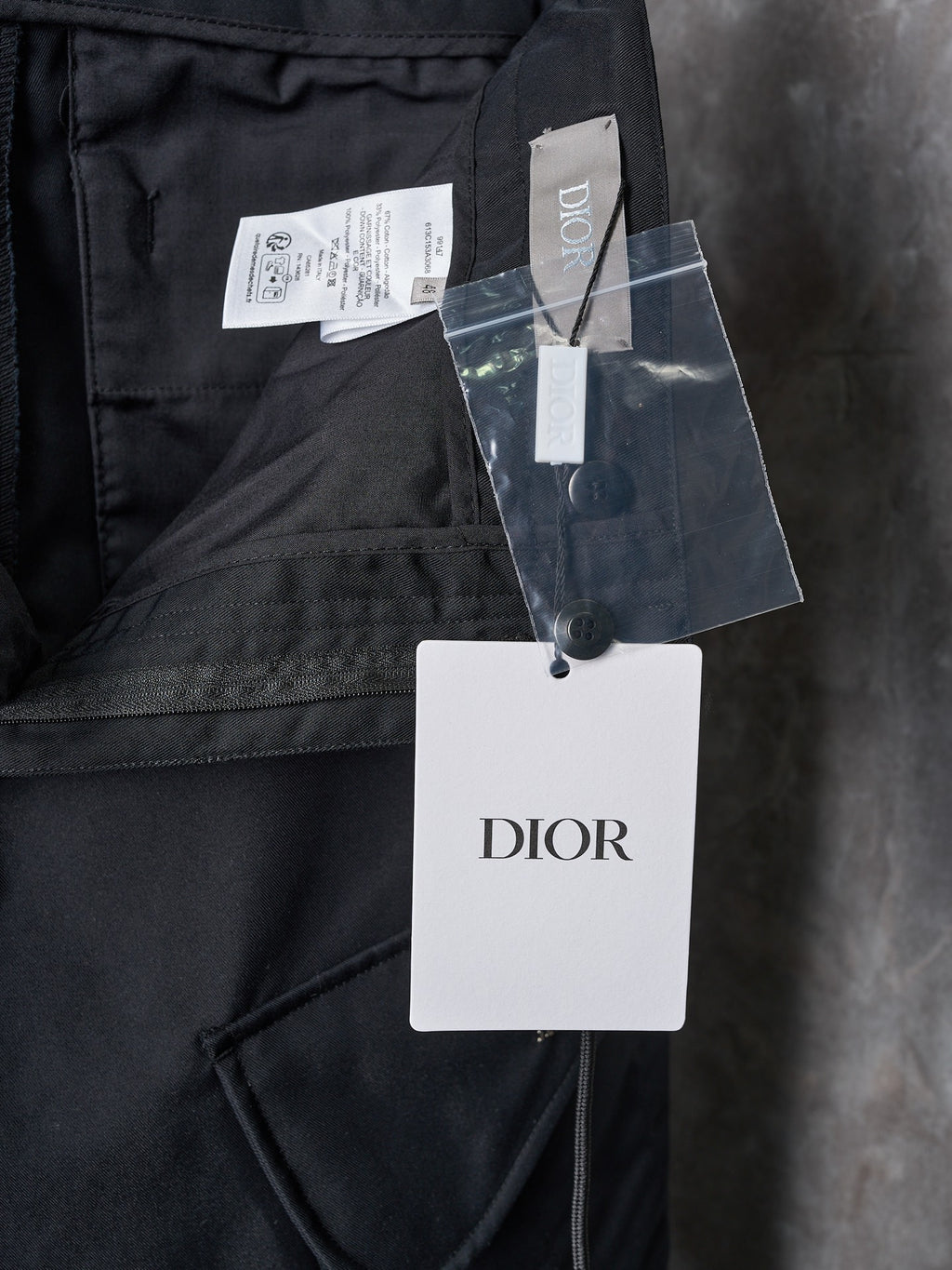 Dark Dior pants with tags and drawstring front