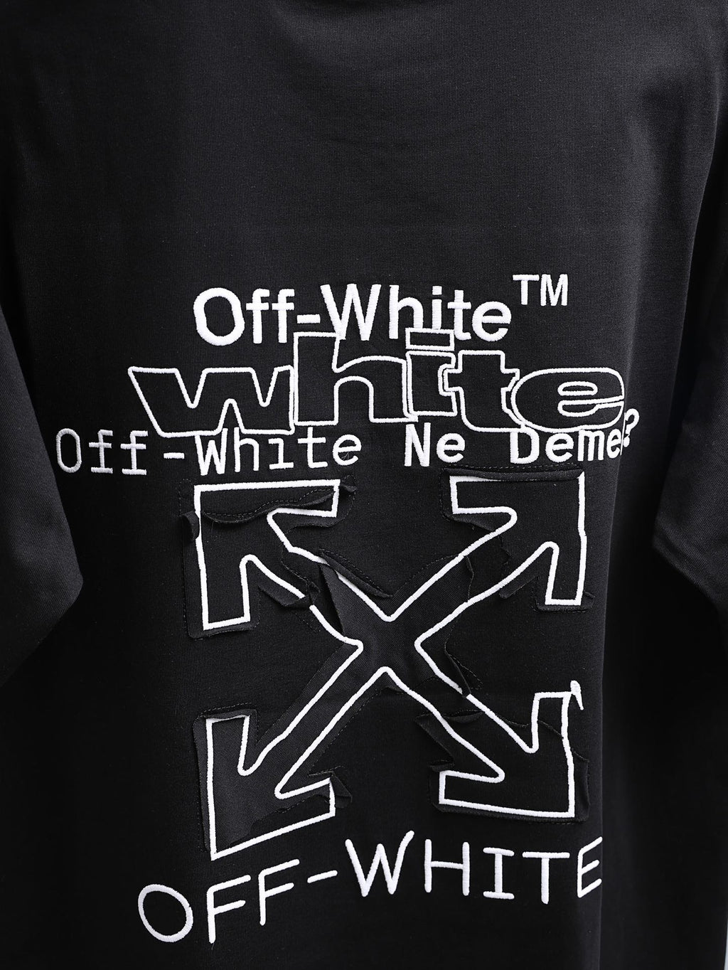 Off-White black T-shirt with large front graphic, “Off-White Ne Dem…” text