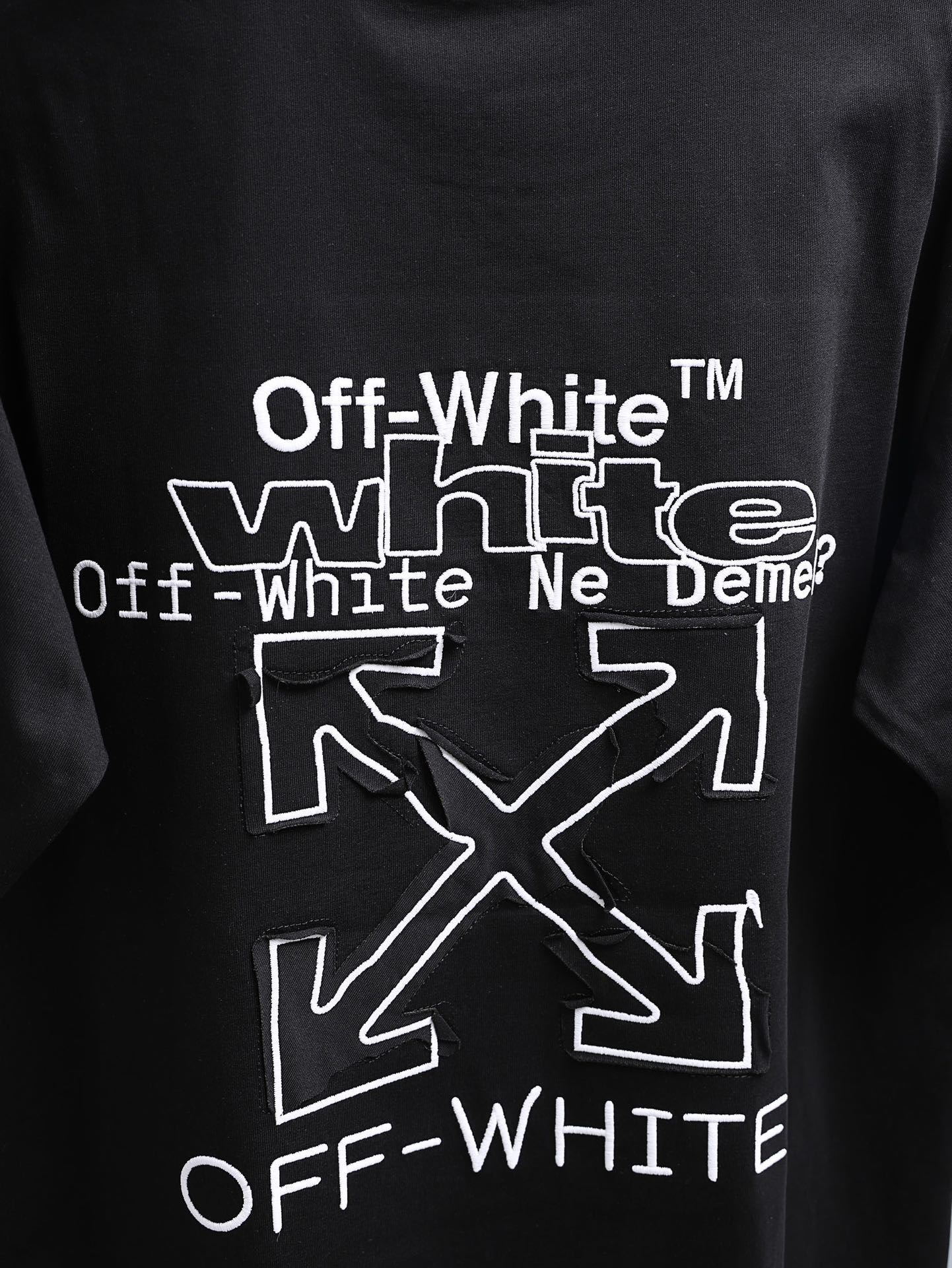 Off-White black T-shirt with large front graphic, “Off-White Ne Dem…” text