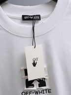 Off-White™ off white crewneck T-shirt with hangtag at center front neckline.
