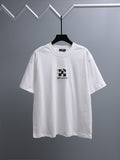 Off-White™ off white crewneck T-shirt on hanger with small chest logo print.