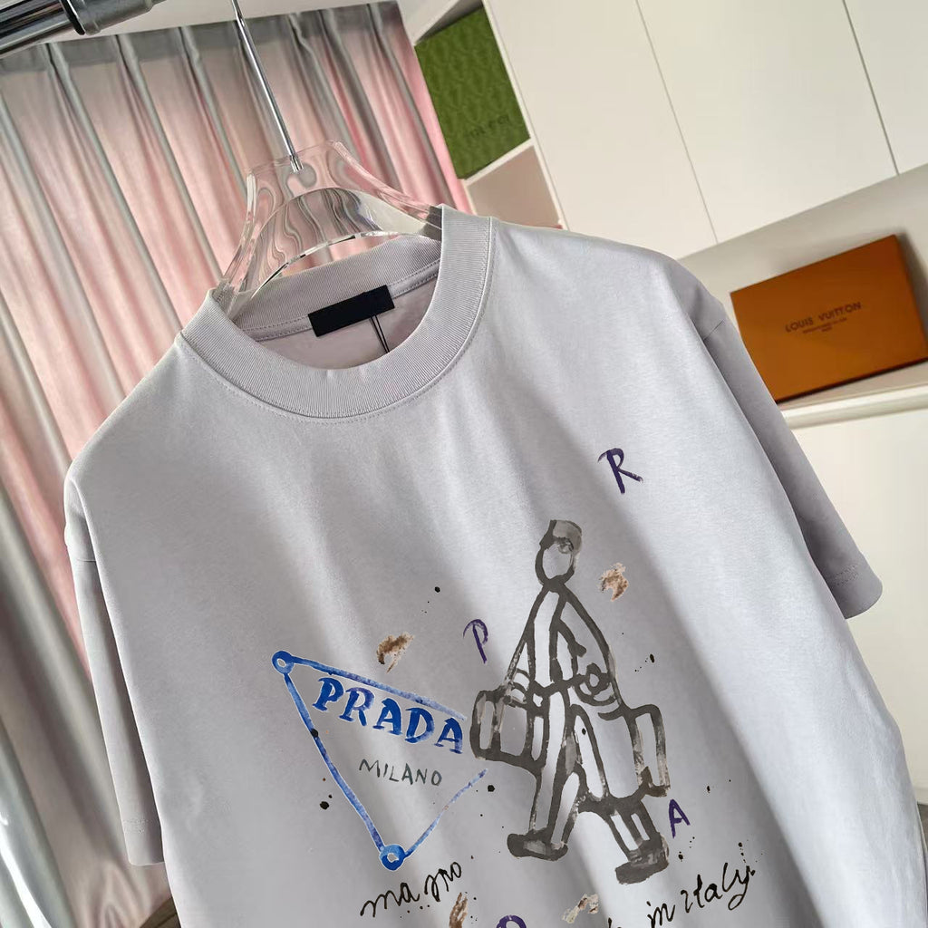 Prada short-sleeve T-shirt in light gray close-up of front graphic and crew collar