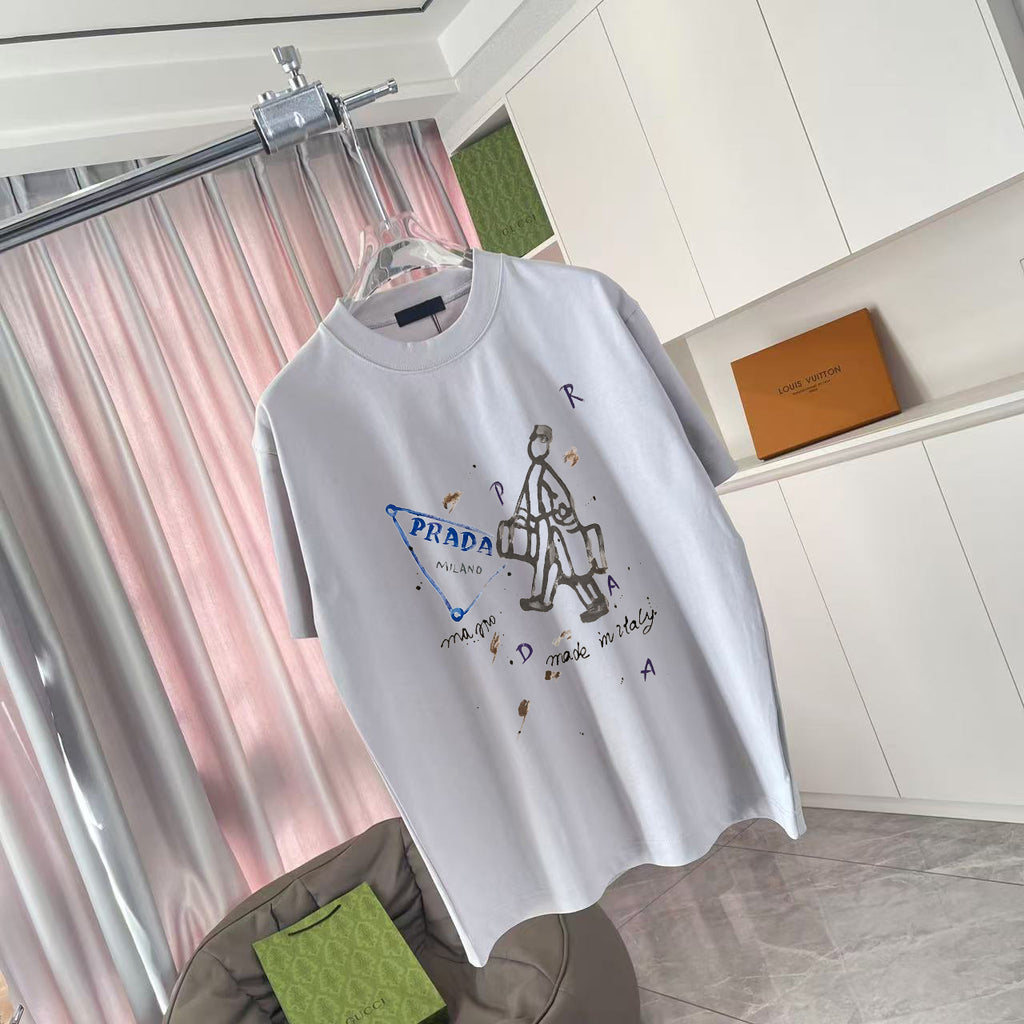 Prada short-sleeve T-shirt in light gray with front graphic print, crew neck