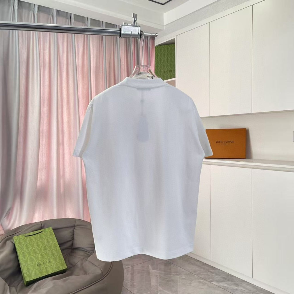 White T-shirt back view hanging on a hanger
