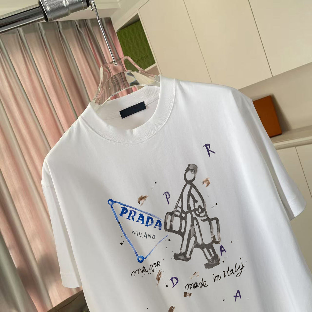 Prada white short-sleeve T-shirt with large illustrated figure and logo text