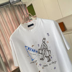 Prada white short-sleeve T-shirt with large illustrated figure and logo text