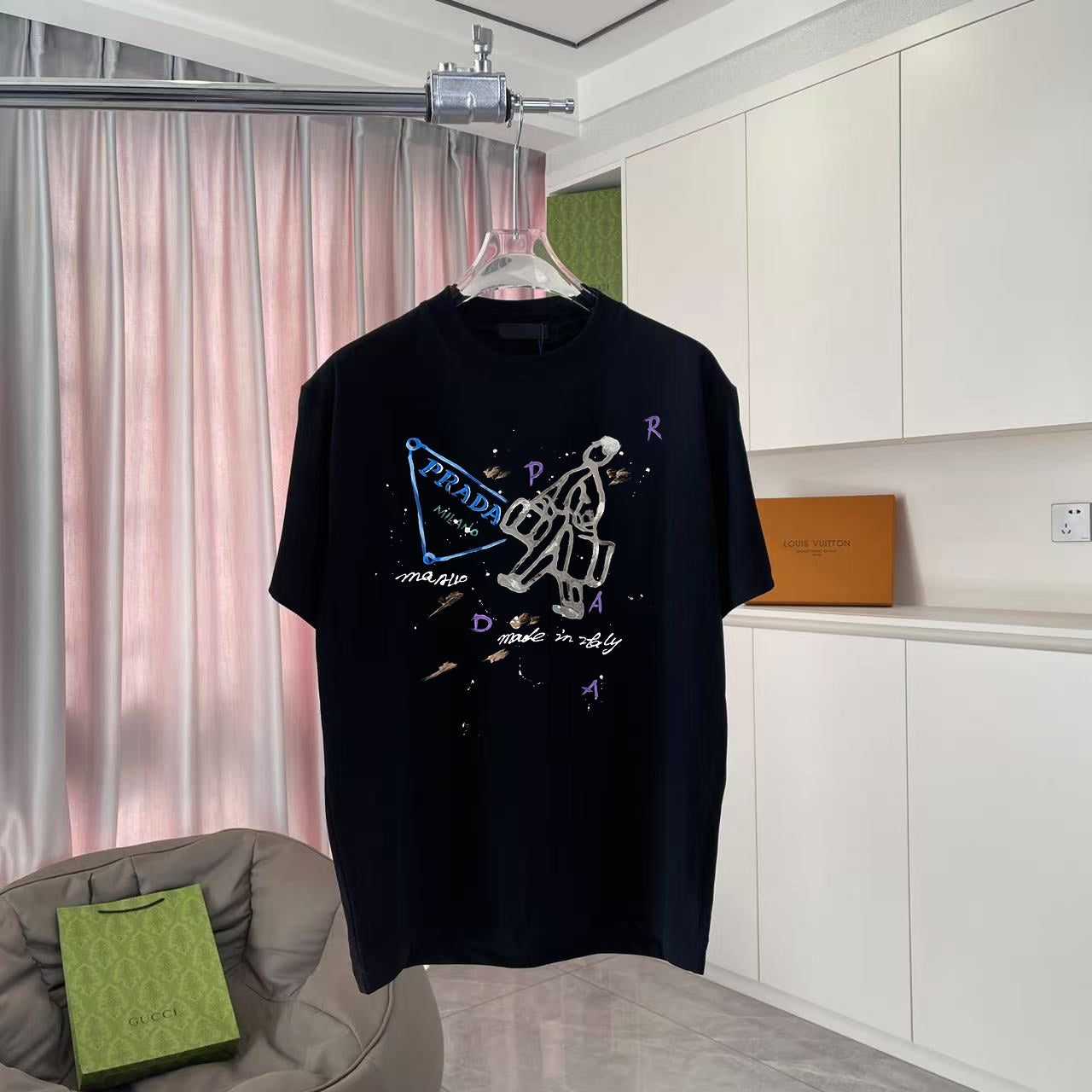Black Prada short-sleeve T-shirt with colorful chest graphic