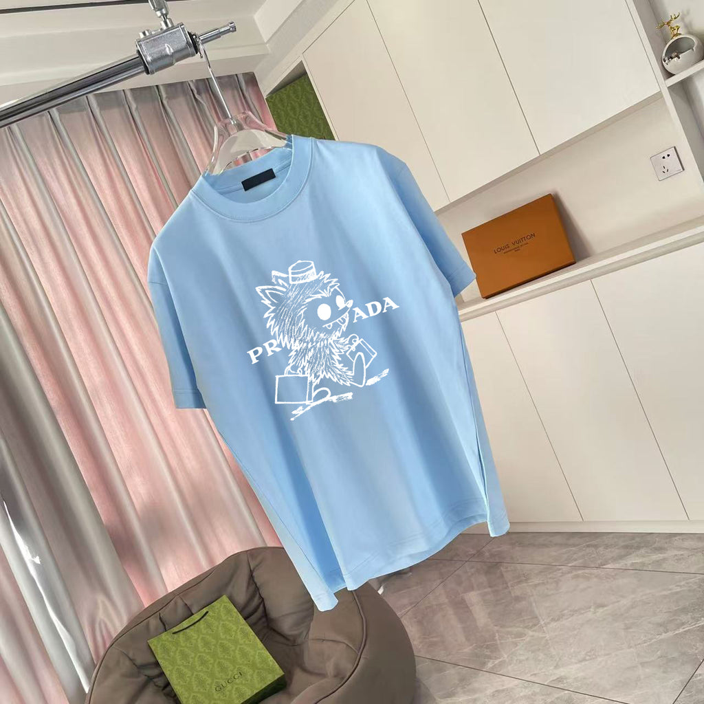 Light blue short-sleeve T-shirt with crew neck and white character logo print